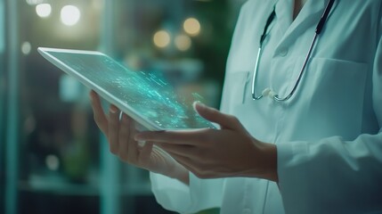 Medical Professional Using Futuristic Digital Tablet Technology Healthcare Innovation Patient Treatment Doctor Analyzing Virtual Data Interface Medical Technology Advancements Modern H : Generative AI