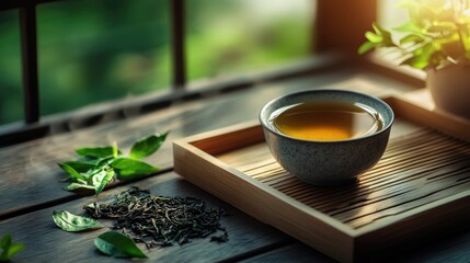 Elegant cup of green tea on a wooden tray, with fresh tea leaves scattered around, exuding warmth and tranquility.