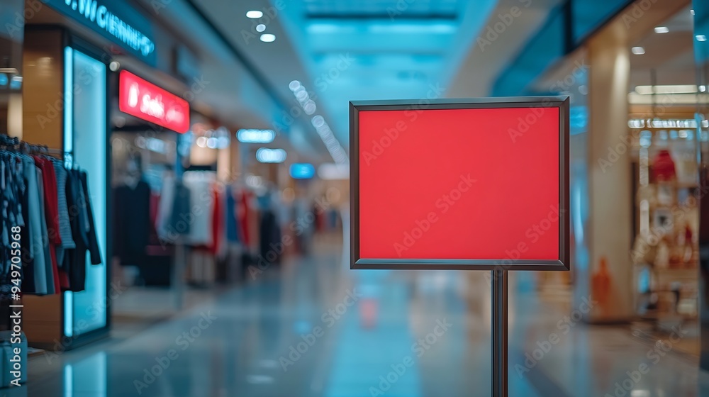 Poster red blank sign inside shopping mall mock up advertise display frame setting over the clothes line in the shopping department store for shopping business fashion and advertisement conce : Generative AI