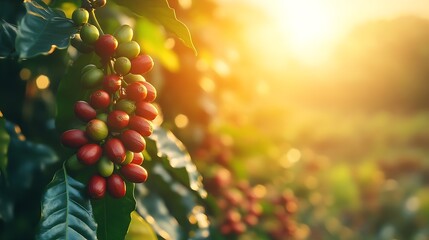 Coffee plantation Coffee beans on tree with sunrise background Fresh red and green coffee beans on trees Coffee beans ripening red berry branch in farm harvesting in mountain : Generative AI