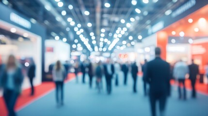Background of an expo or convention with blurred individuals in an exposition hall. Concept image for a international exhibition, conference center, corporate marketing, or event fair