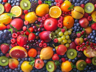 A vibrant array of fresh fruits arranged beautifully, showcasing colors and textures, ideal for health and food themes.