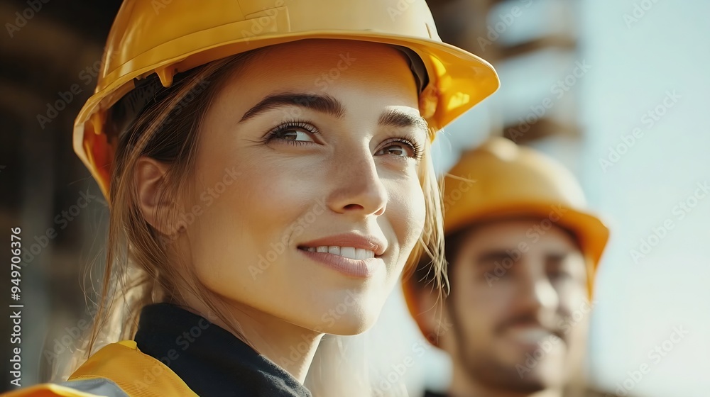 Leinwandbilder caucasian engineer in hardhats discussing on construction site engineer and female foreman worker te