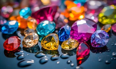 assorted colorful gemstones scattered on a reflective surface, Generative AI