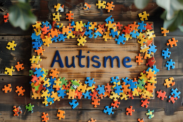 Puzzle de pièces multicolores entourant le mot 'Autisme', illustrant l'unité, la diversité et la complexité de l'autisme, journée mondiale de sensibilisation à l'autisme 2 avril - tous en bleu
