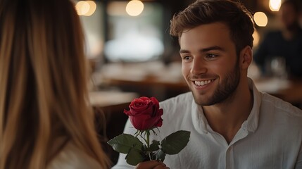 Handsome elegant man is giving roses to his beautiful girlfriend while making a surprise in restaurant both are smiling : Generative AI