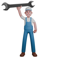 3D Male Mechanic Character in Action. A mechanic with a big smile, wearing a blue uniform, lifting a large wrench above his head with his right hand while clenching his left hand. Professional