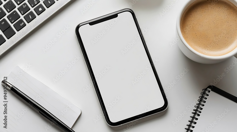 Aufkleber Flat lay mobile phone with empty screen coffee cup notepad and keyboard on white table Top view with copy space : Generative AI