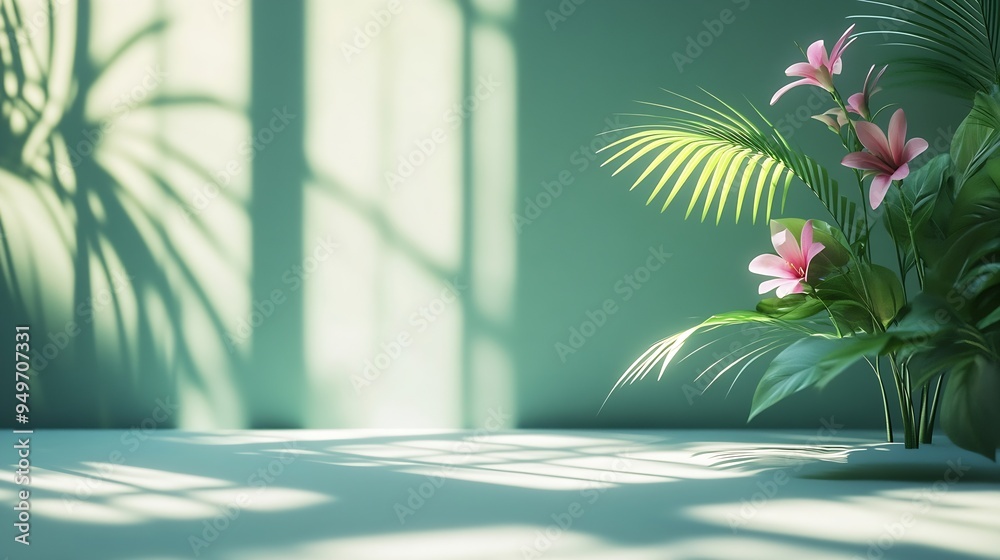 Poster Abstract gradient green studio background for product presentation Empty room with shadows of window and flowers and palm leaves  3d room with copy space Summer concert Blurred backdro : Generative AI