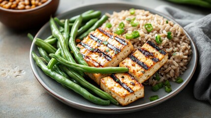 Grilled tofu with green beans and brown rice, a healthy vegan meal presented on a gray plate, perfect for a nutritious, balanced diet.