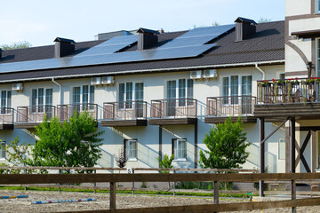 ranch farm cottage building aesthetic of wild West candid country side environment space with herd space for horses foreground and hotel house with balconies exterior facade perspective landmark view