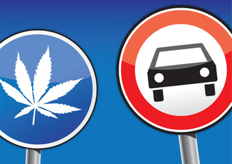 Cannabis am Steuer - Autofahrer und Cannabis-Kosum - Verkehrsschild vor blauem Himmel © Trueffelpix