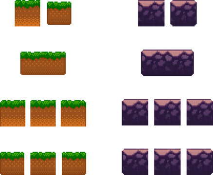 Collection of seamless pixel ground textures for game platforms. Vector illustration set of grass and rock surface.