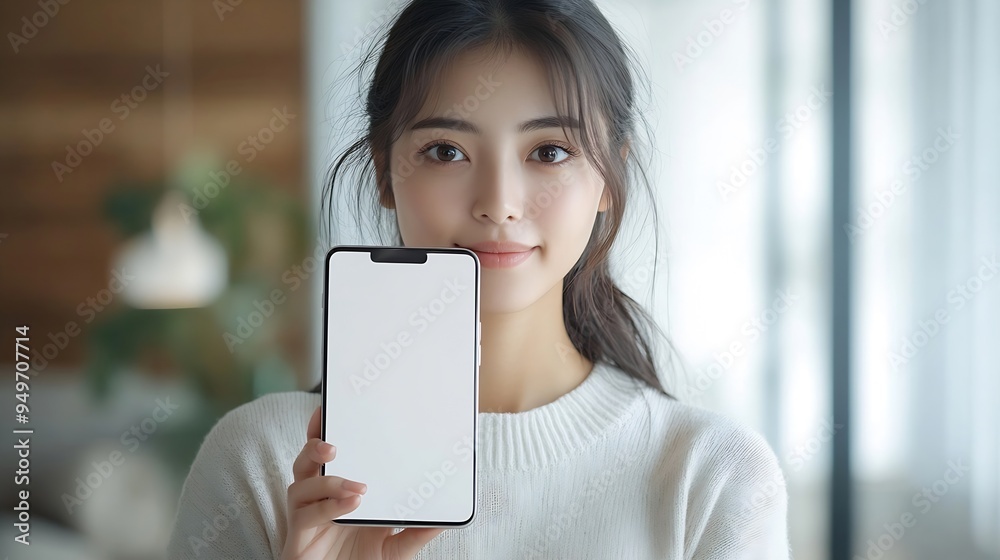 Poster beautiful asian young woman showing big smart phone with blank screen white screen empty copy space 