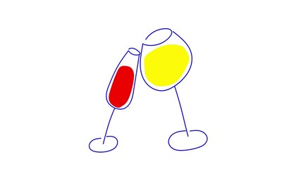 Creative minimal design. Line drawing of two wine glasses with red and white whine isolated on white background. Concept of drink, party, celebration, alcohol. Line art. Stop motion, animation.