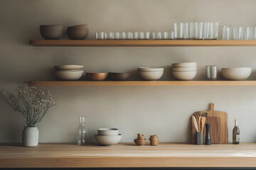kitchenware counters, walls, and shelves with a modern Japandi minimal style, emphasizing a clean and light serene aesthetic: