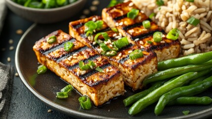 Grilled tofu with sesame seeds, green beans, and brown rice served on a black plate for a healthy vegetarian meal.