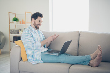 Photo of handsome bearded alone mature age adult man working from home ceo business company indoors using laptop during meeting