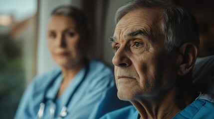 Fototapeta premium Doctor or nurse caregiver with senior man at home or nursing home : Generative AI