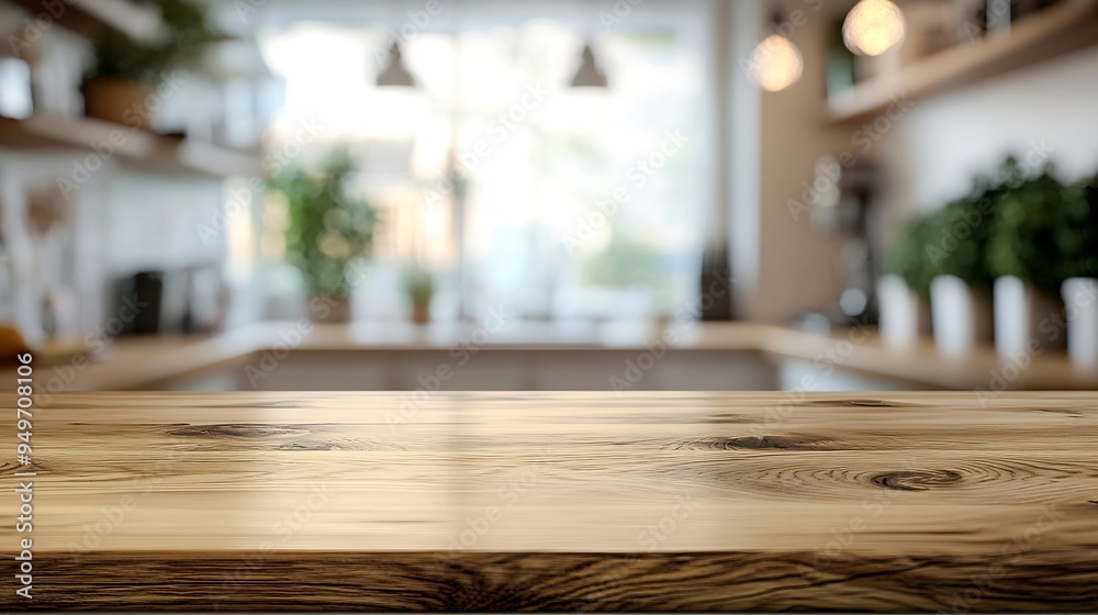 Aufkleber kitchen table background wood counter top on blur of white clean abstract home interior with bokeh u