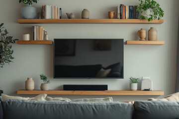 A modern living room featuring a sleek grey sofa paired with a warm wooden TV shelf. The shelf is decorated with a mix of modern and Japandi-style elements,