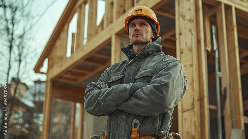 Poster man builder engineer works at construction site builder in gray uniform foreman inside unfinished ho