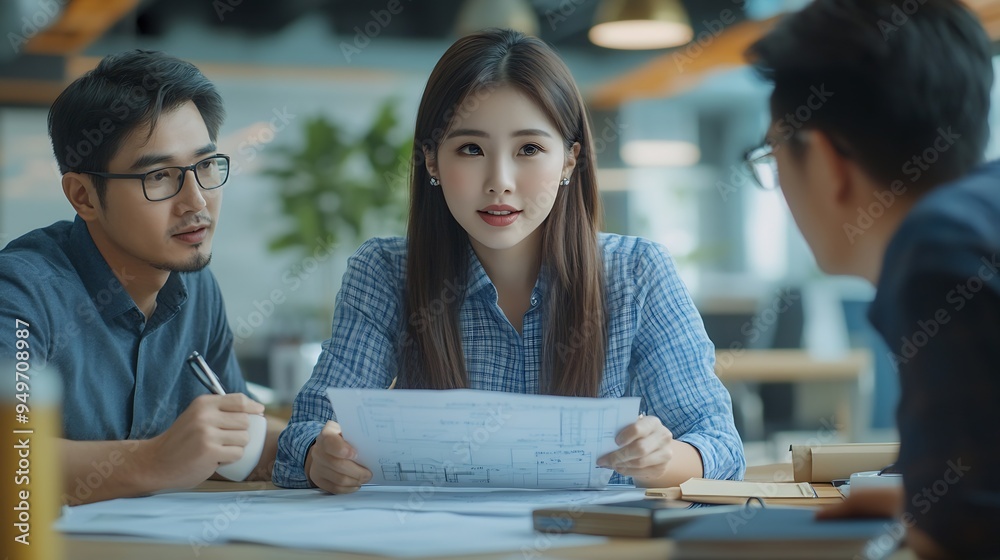 Poster diverse engineer team working at the office table with construction plans and architect equipment an