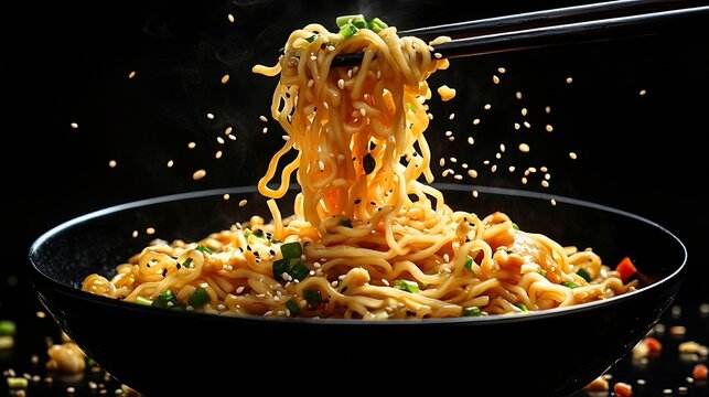 hicken lo mein noodles levitation black background Asian noodles vertical poster composition : Generative AI