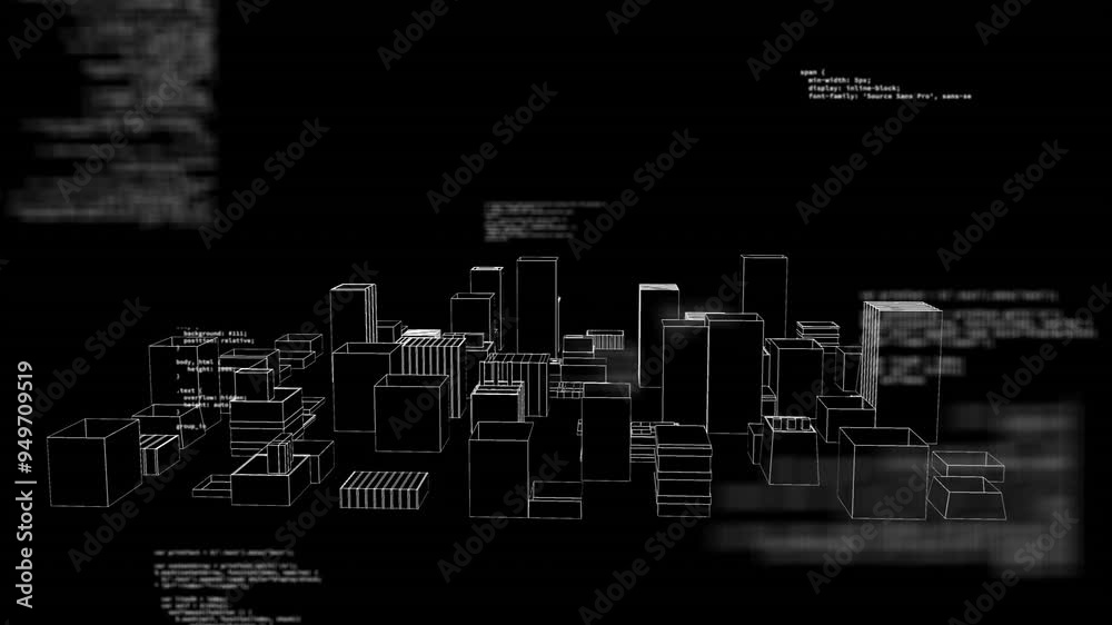 Poster wireframe cityscape with programming code animation over black background