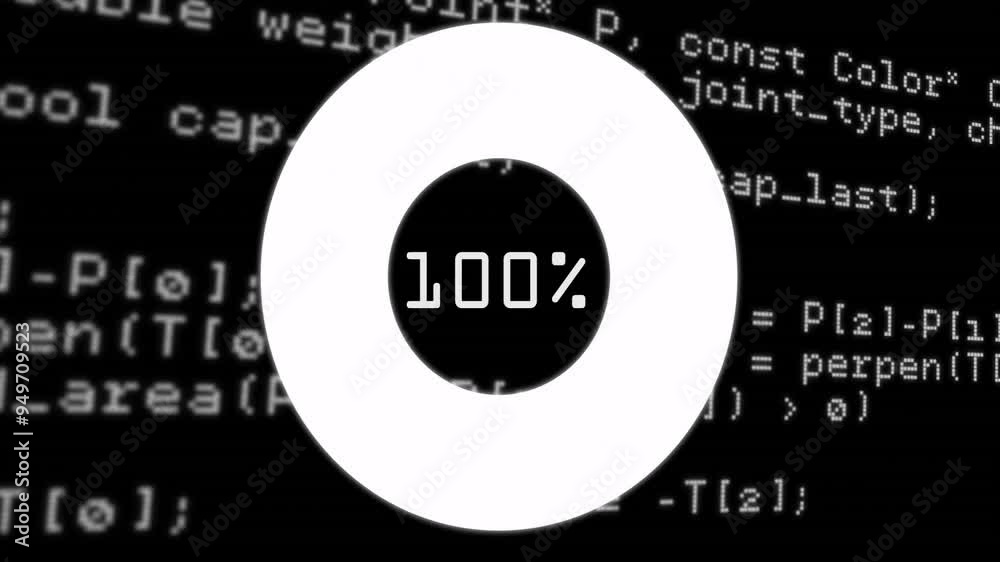 Poster 100% progress animation over computer code background