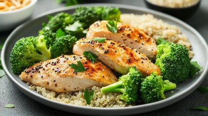 Healthy dish of grilled chicken breast, quinoa, and broccoli, garnished with fresh parsley, ideal for a nutritious meal.