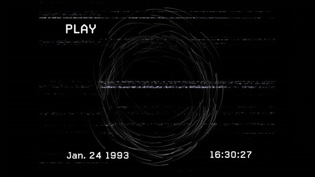 Circular scribble animation over glitchy VHS tape playback with date and time