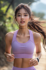Fototapeta premium Happy Asian woman in sportswear running, purple backdrop, confident and cheerful.