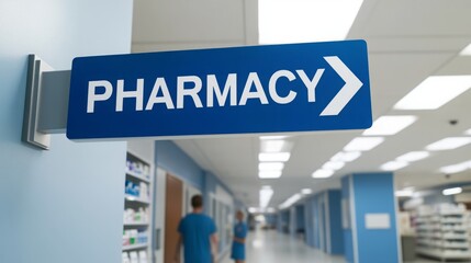 Obraz premium Hospital Pharmacy Access Sign in Corridor, Crucial for Quick Patient Care
