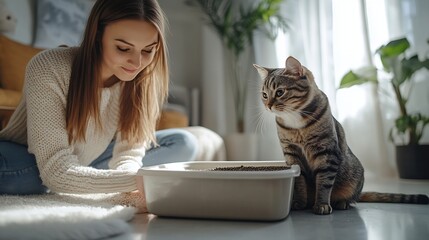 Fototapeta na wymiar Young woman cleaning cat litter box at home : Generative AI