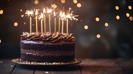 Chocolate fudge cake decorated with lots of gold birthday candles and sparklers : Generative AI