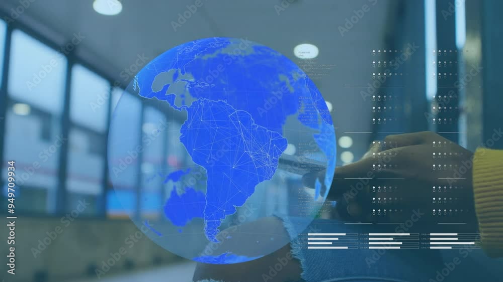 Poster blue globe and data visualization animation over person using smartphone in modern setting