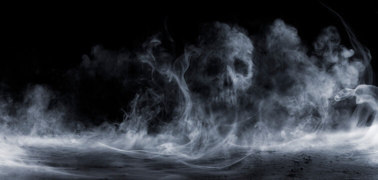 Skull Fog In Dark Halloween Background - Real Mist On Black Floor