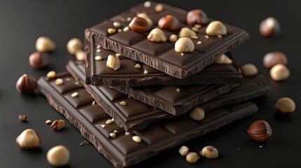 Realistic 3D rendering of dark chocolate bars, stacked high with hazelnuts delicately arranged on top