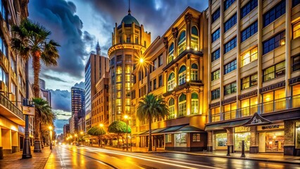 Naklejka premium Vibrant city street scene at night with eclectic mix of modern and art deco buildings in warm golden tones and soft ambient lighting.
