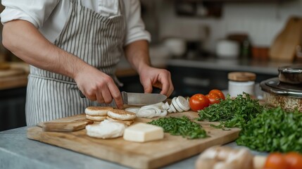 Chef preparing fresh burger ingredients on a wooden board in a kitchen setting with tomatoes, onions, and leafy greens