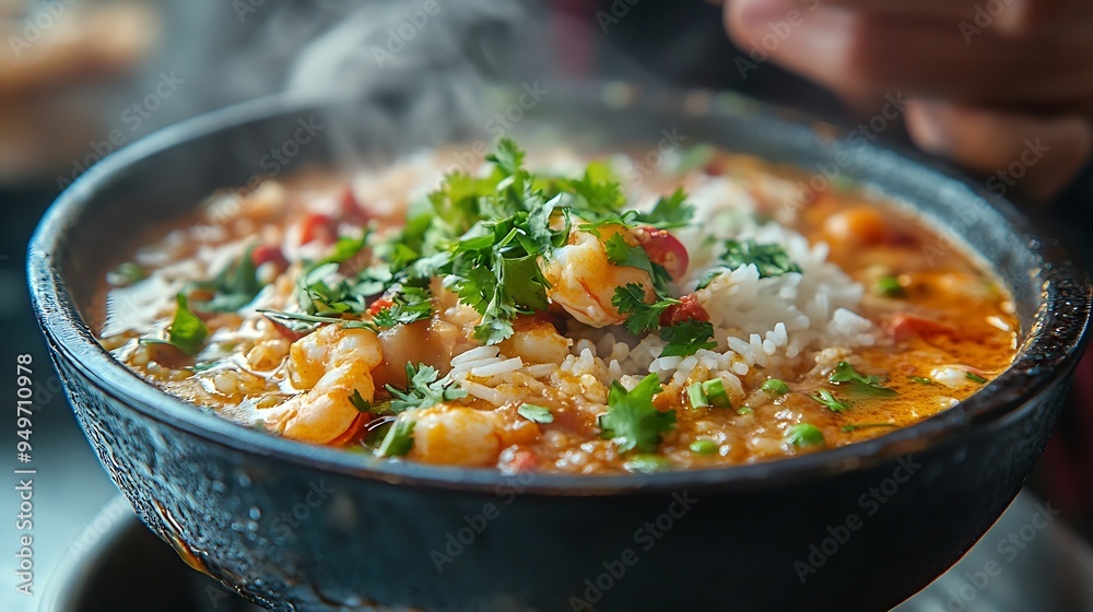 Canvas Prints closeup of a person enjoying a spicy seafood soup with rice garnished with herbs in a modern black b