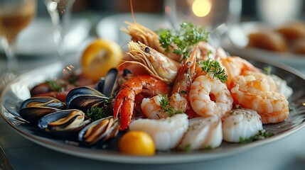 Gourmet Assorted Seafood Platter With Mussels Salmon Shrimp and Octopus on Elegant Tableware : Generative AI