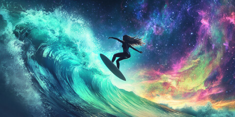 Naklejka premium Surfer floating above vibrant aurora, riding wave in cosmic scene. colorful backdrop creates sense of adventure and freedom.