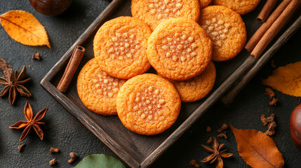 Aromatic pumpkin spice cookies on rustic wooden tray with autumn spices