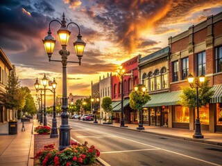 Fototapeta premium vintage-inspired warm-toned idaho falls main street with quaint shops and rustic street lamps at dusk