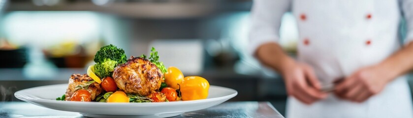 A beautifully plated gourmet dish featuring vibrant vegetables and seasoned meat, showcasing culinary artistry in a modern kitchen.
