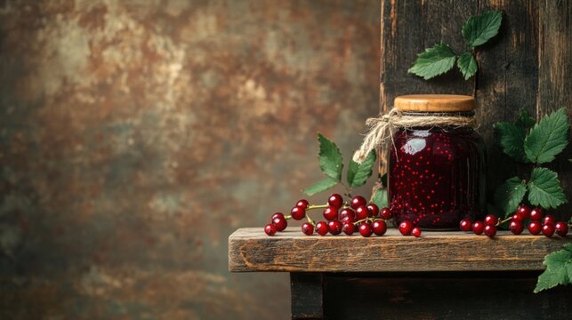 Rustic wooden shelf holding a jar of red berry jam, with green leaves and fallen berries, providing a warm backdrop