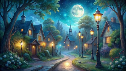 Obraz premium Whimsical moonlit night landscape illustrations enchanting magical dreamlike forests bathed in soft blue glow amidst quaint charming small town streets with vintage lamp posts.