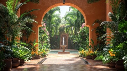Fototapeta premium Tropical Courtyard with Fountain